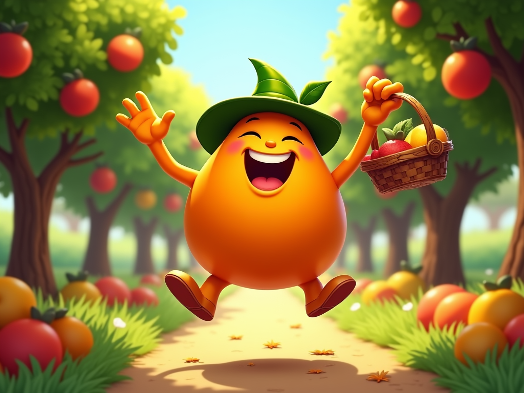  a cartoon orange character with a green hat and a basket of apples in its hand. The character is running on a dirt path in an orchard with rows of trees on either side. The trees have red apples hanging from their branches. The ground is covered in green grass and there are fallen leaves scattered around. The sky is blue and the overall mood of the image is cheerful and happy.