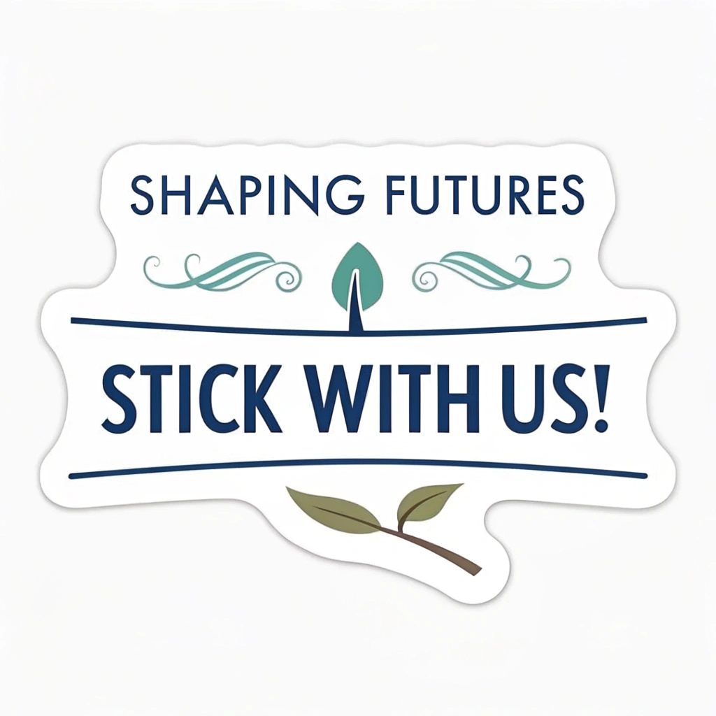 Simple Logo Idea: The phrase 'Shaping Futures' in a strong, clear sans-serif font, paired with 'Stick With Us!' in a friendly, inviting script font below. A subtle underline beneath 'Stick With Us!' that ends in a small leaf or sprout, visually reinforcing the message.