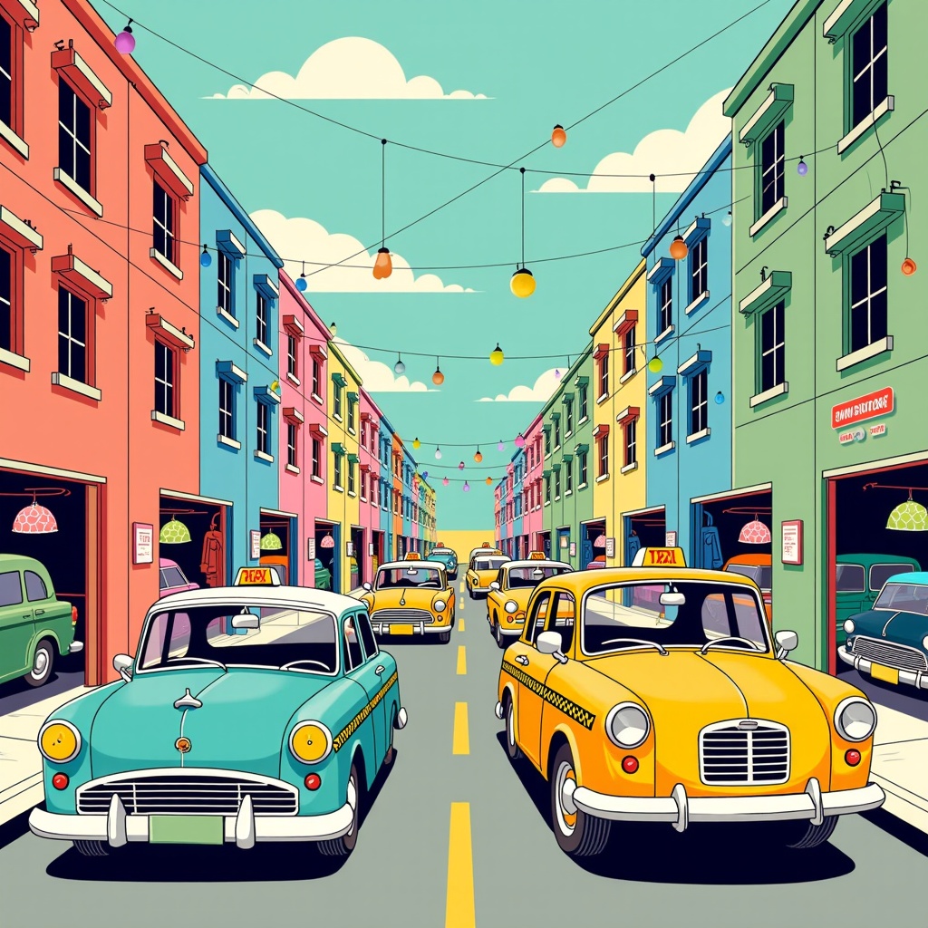 A 'network and vehicle evolution' concept: one part illustrates traditional taxis with elements like radio dispatch towers or manual garages. The other part illustrates robotaxis connected by a visible network of data, AI algorithms, and sensor technology, highlighting the unseen technological backbone.