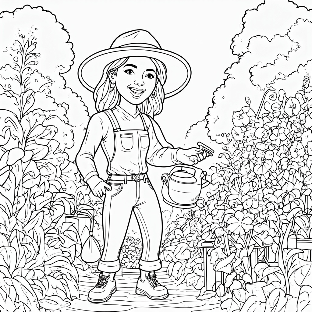 A vibrant scene of Mom joyfully gardening. Illustrate her tending to blooming flowers, lush plants, or a vegetable patch, equipped with gardening tools like a watering can, trowel, and wearing a sunhat.