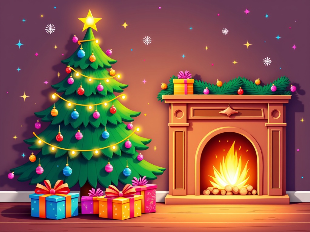 The image shows a festive Christmas tree decorated with colorful balls, lights, and a star on top, standing in front of a fireplace with presents underneath. The background is a deep purple color with stars twinkling in the night sky.