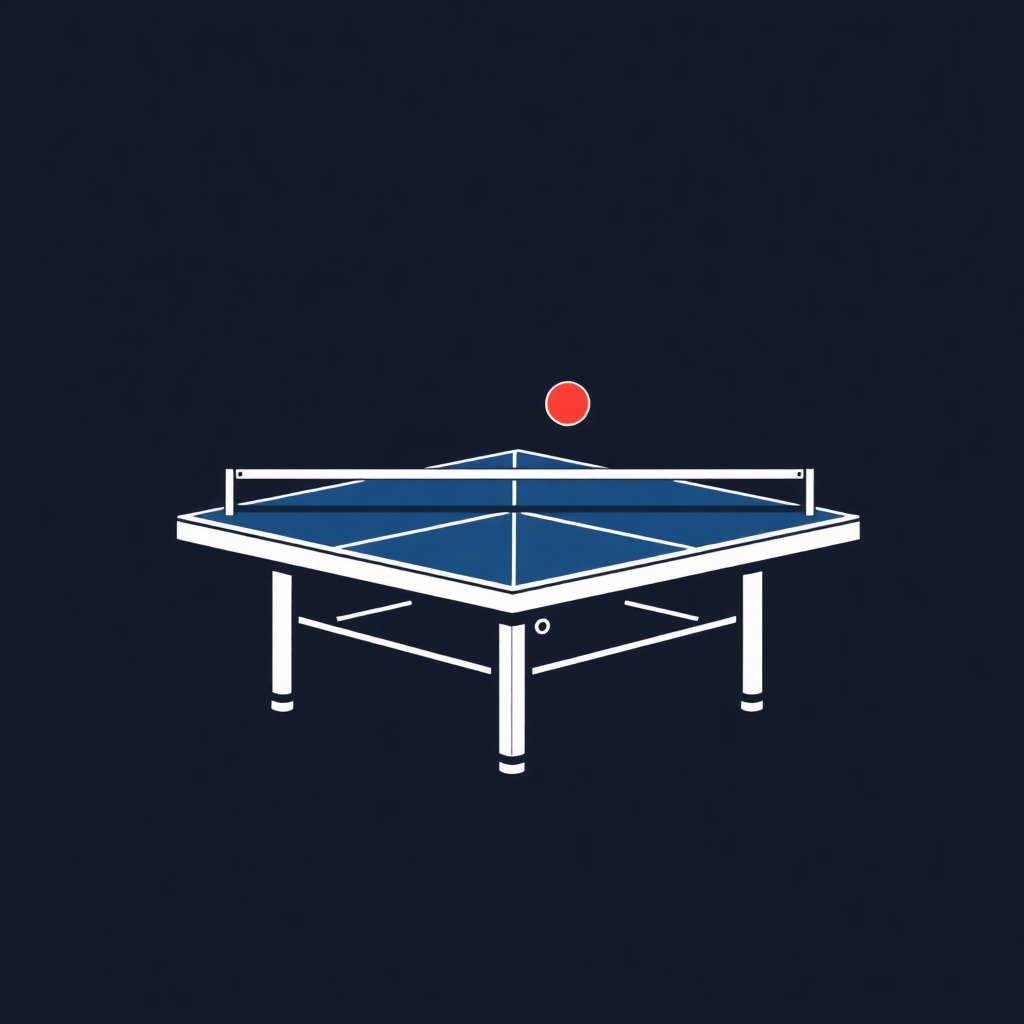 The image is a simple illustration of a ping pong table. The table is rectangular in shape with a blue top and white legs. On top of the table, there is a red ping-pong ball that is in the air, ready to hit the ball. The background is dark blue, making the table and ball stand out. The image is simple and minimalistic, with no other elements or decorations.