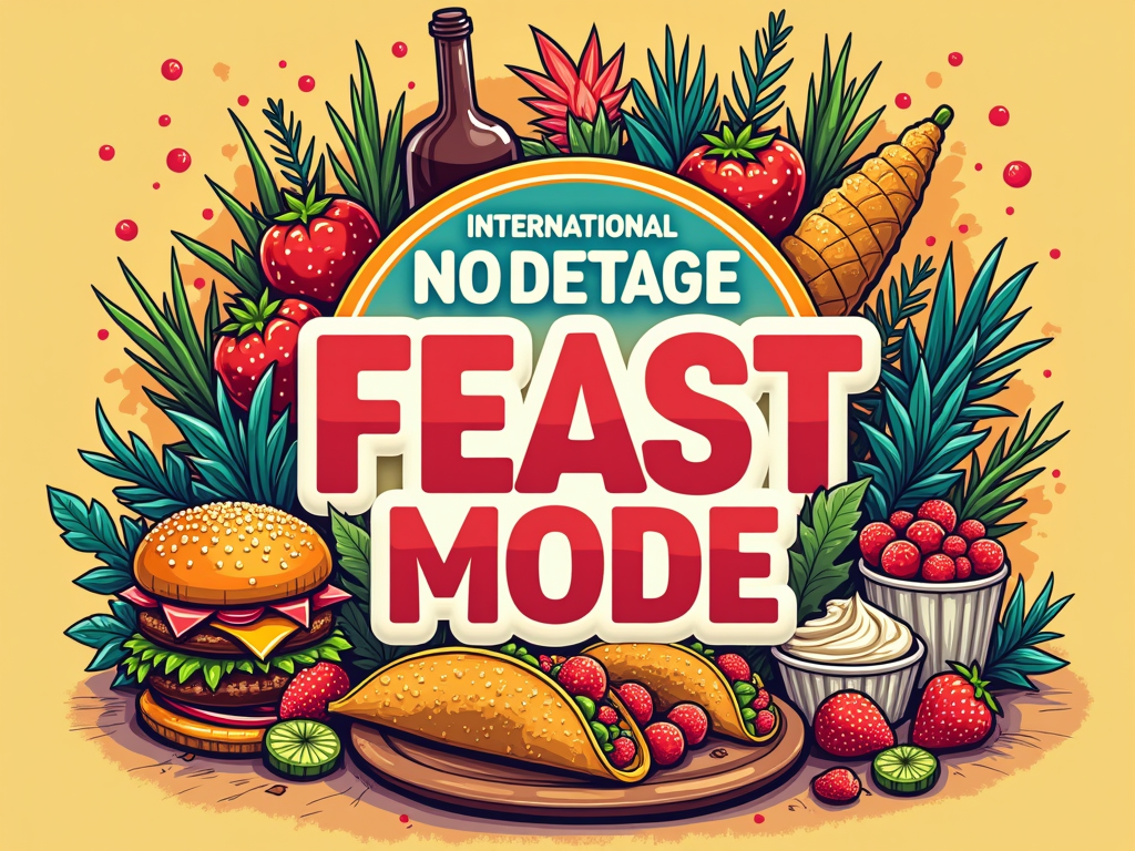 A design mimicking a food festival poster with 'International No Diet Day' as the event title and 'Main Stage: FEAST MODE' prominently featured, surrounded by illustrations of diverse, delicious foods.