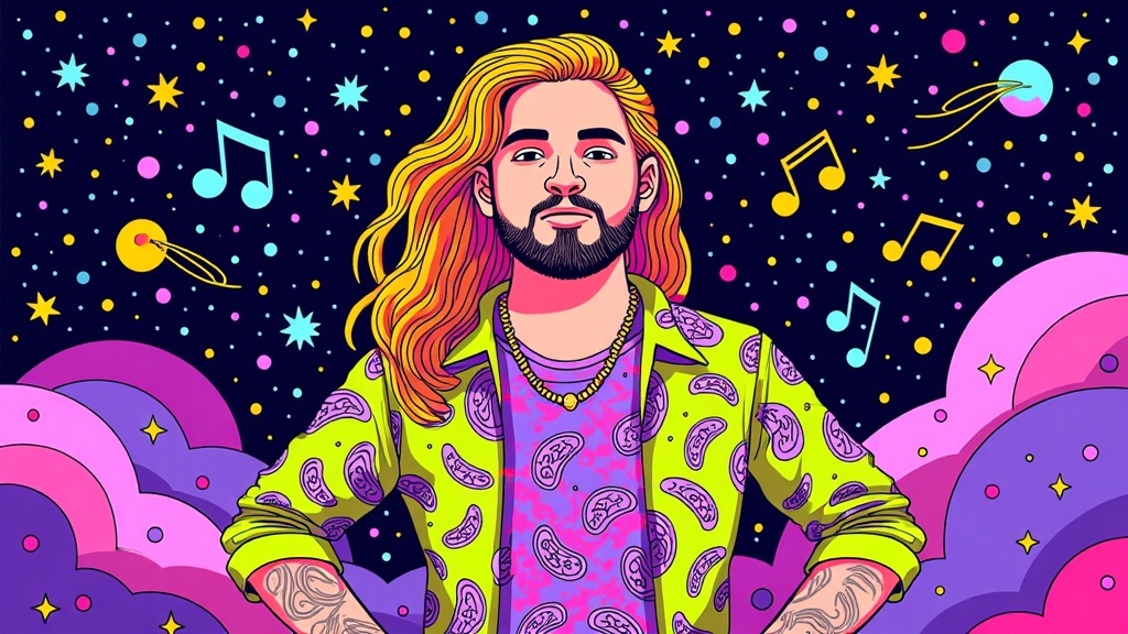Cosmic Canvas: Illustrate Post Malone as a central figure against a backdrop of a swirling cosmic nebula. His clothing and hair could be patterned with paisley or other psychedelic motifs. Musical notes or stylized sound waves could be depicted as stars or comets within this scene.