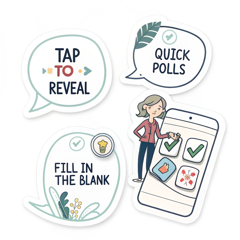 Sub-design Idea 2: Interactive Text Stickers - Text overlay stickers that allow for simple viewer interaction, such as 'Tap to Reveal' hidden text, quick polls with text options, or fill-in-the-blank prompts.