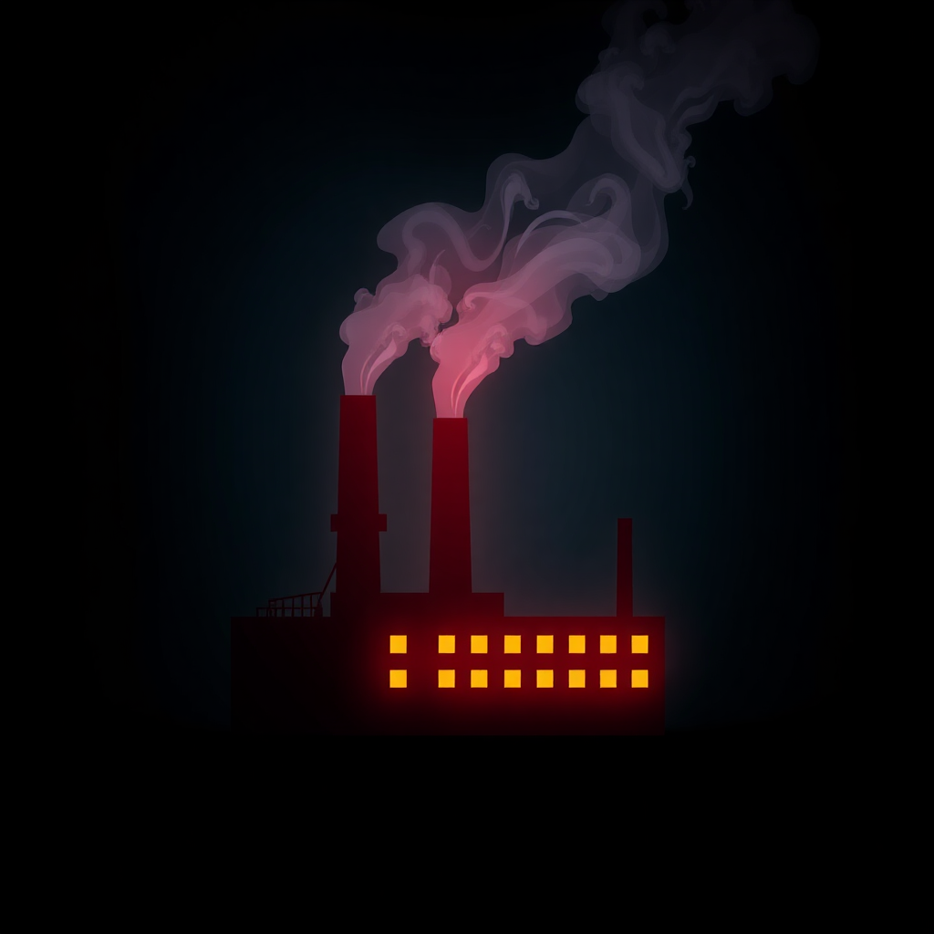 The image is a digital illustration of a factory with two tall chimneys emitting pink smoke. The chimneys are red and the smoke is billowing out of them. The background is black, making the red chimneys stand out. In front of the chimneys, there is a red building with yellow windows. The building appears to be made of brick or concrete and has a flat roof. The overall mood of the image is dark and ominous.