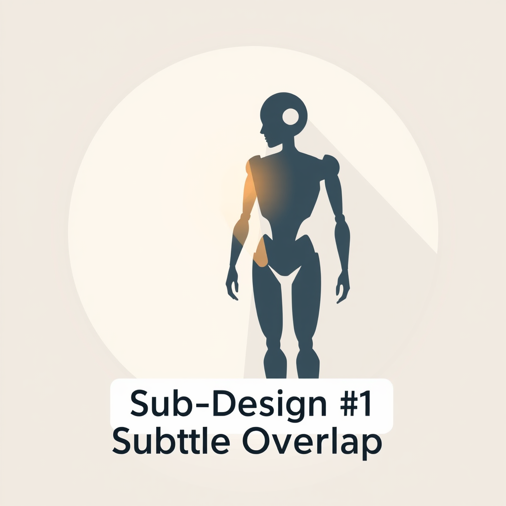 Sub-Design 1: Subtle Overlap. A minimalist human silhouette gently overlaps an angular robotic silhouette. The overlapping area features a soft glow or a subtle blend of their distinct color palettes, symbolizing initial, harmonious interaction.