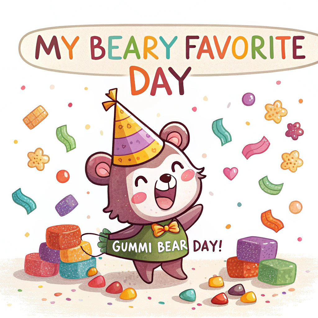 Sub-Design Idea 1: A vibrant sticker featuring a kawaii-style gummi bear character wearing a party hat, surrounded by a shower of mini gummi bears and confetti. The text 'My Beary Favorite Day' is in a playful, rounded font, with 'Gummi Bear Day!' appearing in a festive ribbon below.