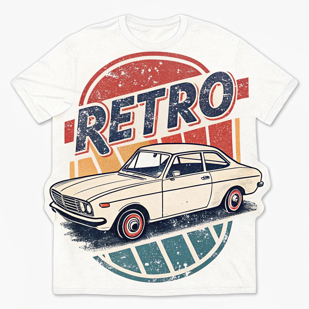 The image is of a white t-shirt with a graphic design on the front. The design features a vintage car in the center, with the word RETRO written in bold, colorful letters above it. The car is a light beige color with red and blue accents. The background is a gradient of orange, red, and blue, with a red circle in the top left corner. Below the car, there is a green and blue circular design. The overall style of the design is retro and vintage.