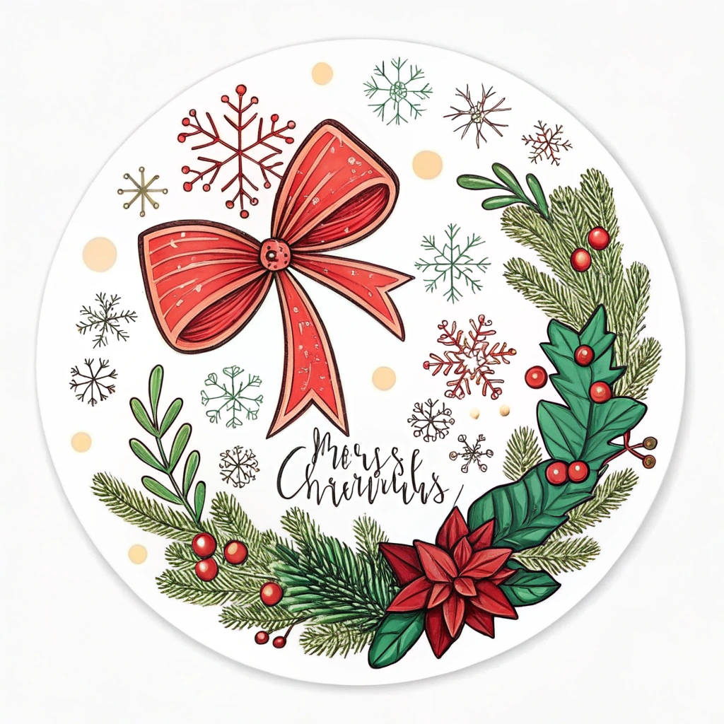 The image shows a festive Christmas wreath with a red bow and holly leaves on a white background. The wreath is composed of a variety of colors, including red, green, and white, and is surrounded by a circular sticker with the words 