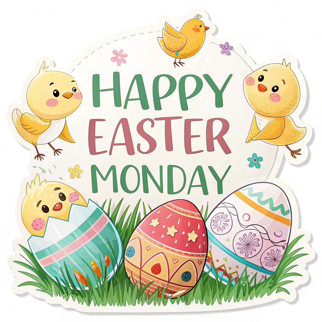 A sticker showing chicks hatching from Easter eggs with a 'Happy Easter Monday' greeting.