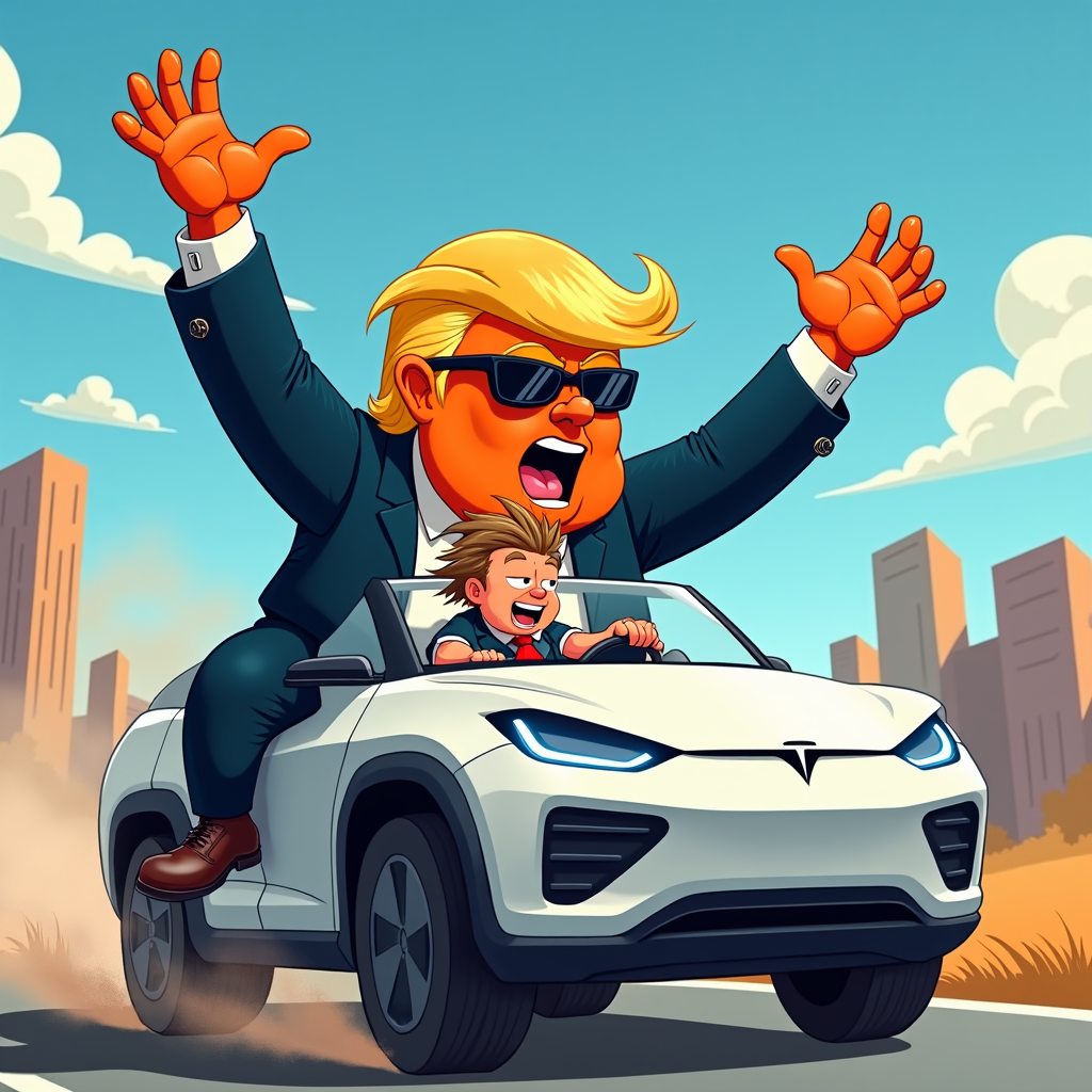 Donald Trump in a cartoon style, wearing sunglasses, riding a Tesla Cybertruck with Elon Musk at the wheel, both characters displaying exaggerated expressions.