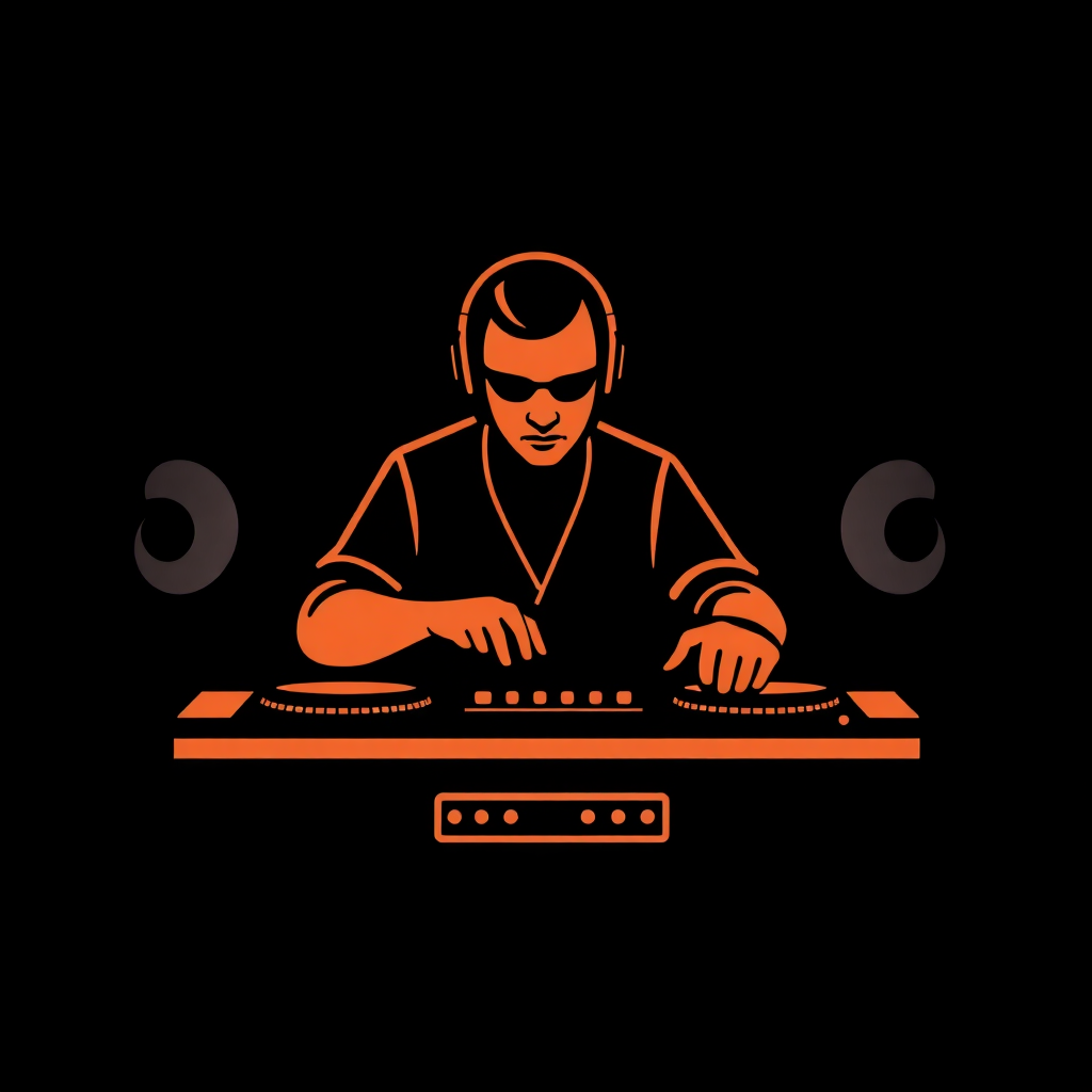 The image is an illustration of a DJ playing music on a turntable. The DJ is wearing a black shirt and sunglasses, and has a pair of headphones on his head. He is sitting at the table with his hands on the turntables, which are orange in color. The background is black, and there are two speakers on either side of the DJ. The image has a simple and minimalistic design, with a focus on the DJ and his music.