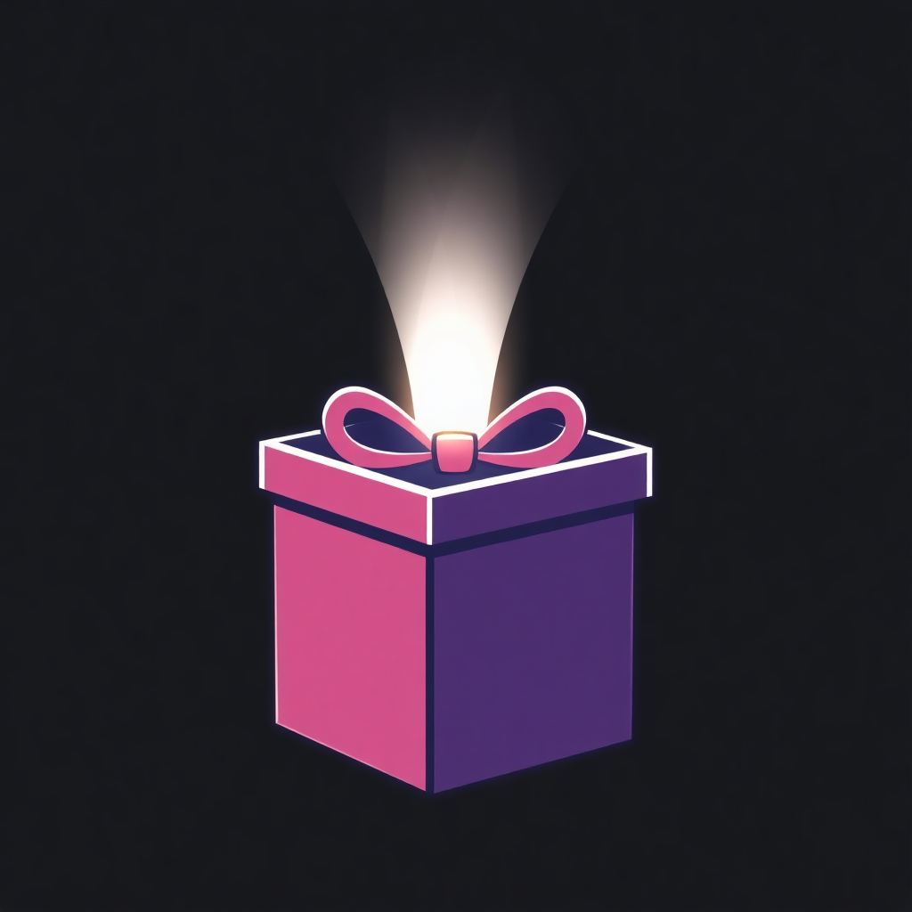 A gift box icon with a lid slightly open and a small light shining out to represent the surprise within.