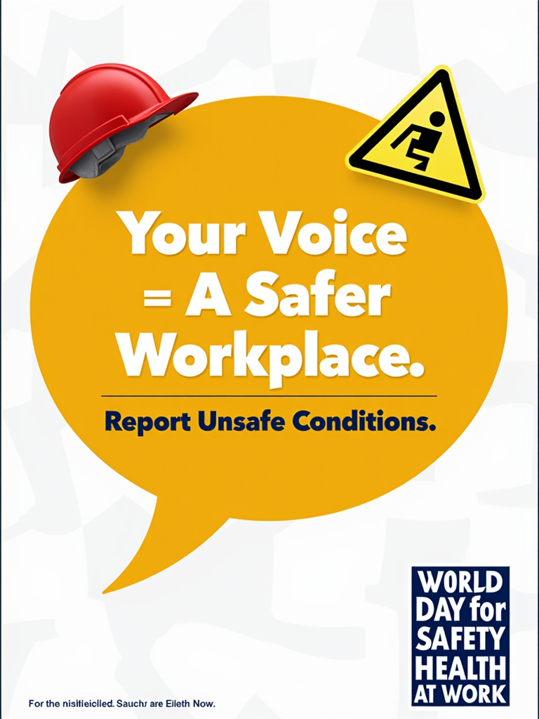 Translate: World Day for Safety and Health at Work Posters - Encouraging Reporting of Unsafe Conditions. Idea 1: A poster featuring a prominent speech bubble encompassing common safety symbols (hard hat, hazard sign) with the clear message 'Your Voice = A Safer Workplace. Report Unsafe Conditions.'