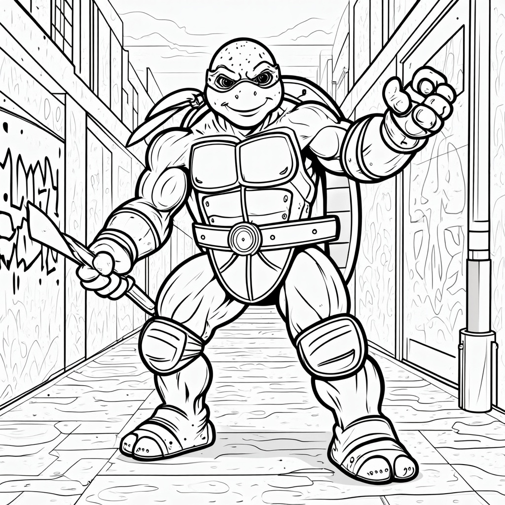 The image shows a sketch of a teenage mutant ninja turtle, Raphael, holding a weapon in his hand. On either side of him are walls, and in the background is a sky. At the bottom of the image is text that reads 