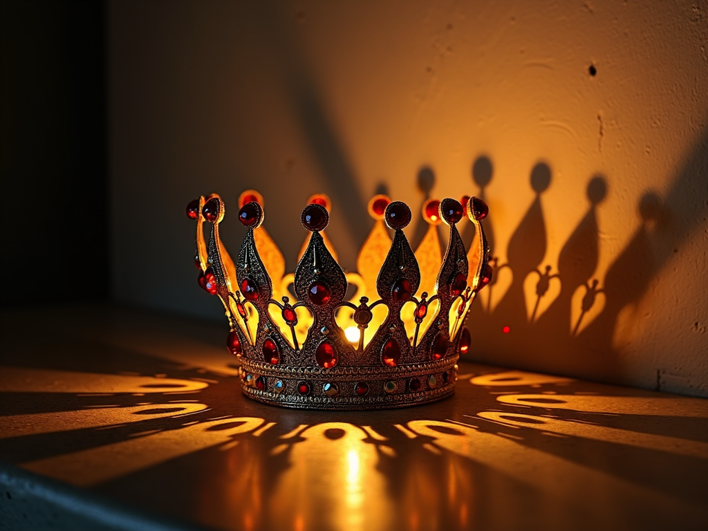 An illuminated crown casting intricate shadow patterns on a wall, creating a mysterious and dramatic effect.