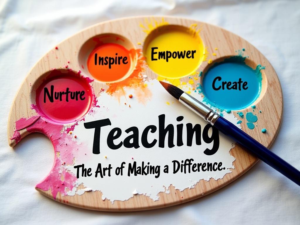 Design 2: The 'Impact Palette'. An artist's palette where each blob of paint is a different vibrant color and labeled with a positive impact of teaching (e.g., 'Inspire', 'Nurture', 'Empower', 'Create'). A paintbrush rests on the palette. The slogan 'Teaching: The Art of Making a Difference' is prominently displayed above or below the palette.