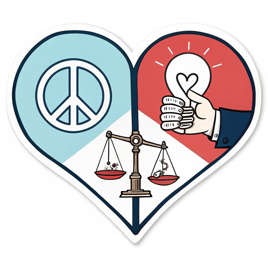 A decal featuring a simple heart shape divided in half with symbols representing different political ideologies, suggesting a message of finding common ground or compromise.