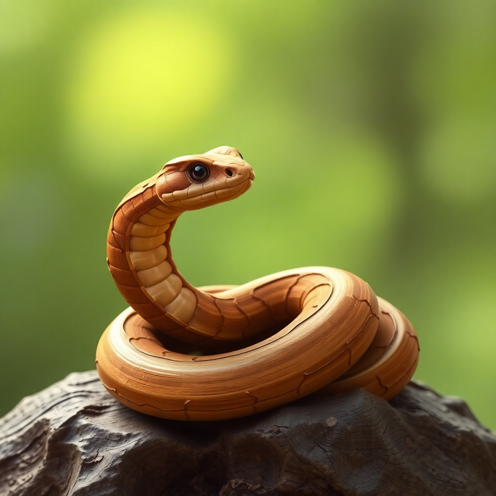 The image is a close-up of a snake coiled up on top of a rock. The snake appears to be a type of snake, possibly a cobra, with a light brown color and a smooth texture. Its body is elongated and its head is turned slightly to the side, with its eyes looking directly at the camera. The rock it is resting on is dark and weathered, with patches of green foliage in the background. The overall mood of the image is peaceful and serene.