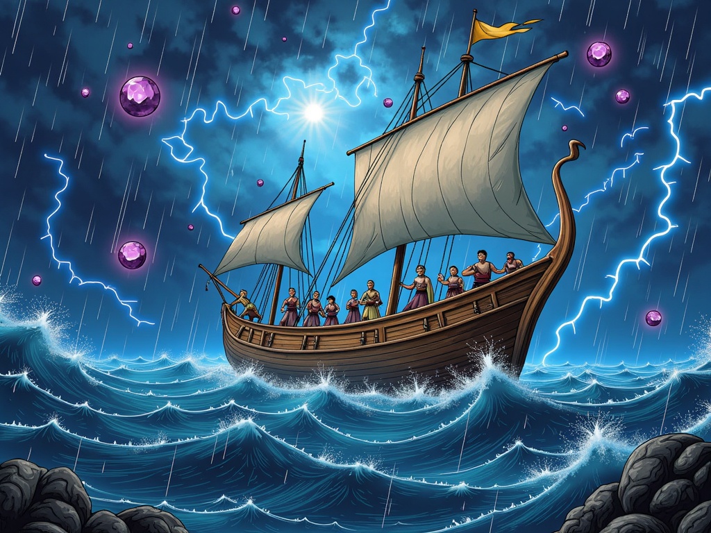 Sinbad's ship caught in a mystical storm where rain turns into sparkling jewels or shimmering sand, and lightning strikes reveal fleeting glimpses of ancient, submerged cities beneath the waves of the enchanted sea.