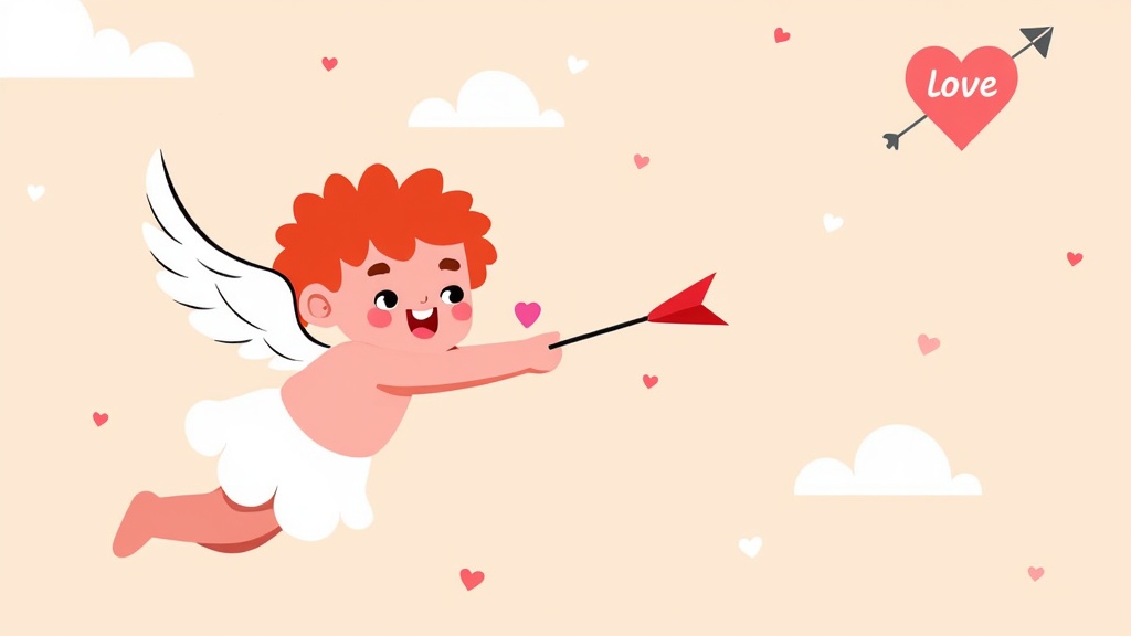 Cupid aiming an arrow towards the viewer, inviting them to experience love.