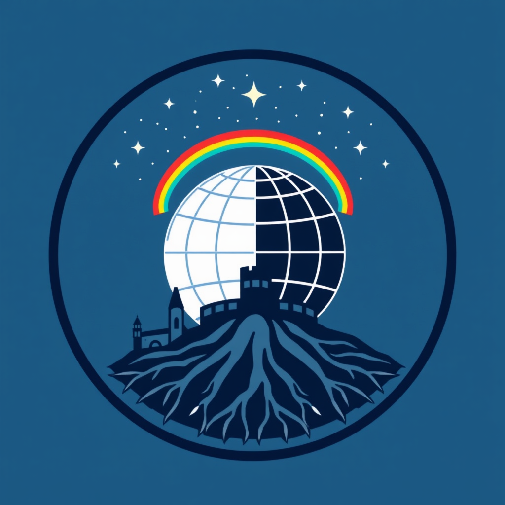 A circular logo design, where the lower half depicts roots or historical architectural elements (representing heritage and landmarks) and the upper half opens up to a stylized globe or a sky with stars/constellations representing global unity and future horizons. A subtle rainbow arc connects the two halves.