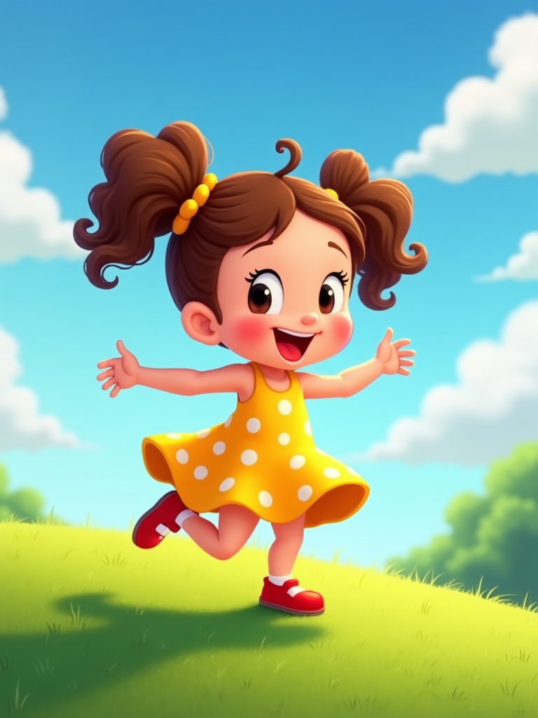 The image is a digital illustration of a little girl running on a grassy field. She is wearing a yellow dress with white polka dots and red shoes. Her hair is styled in two pigtails with yellow bows on top. She has a big smile on her face and her arms are stretched out to the sides as she runs. The background is a blue sky with white clouds and green trees. The overall mood of the image is cheerful and playful.