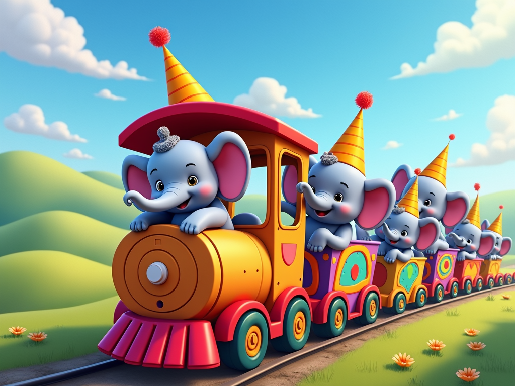 A playful scene of multiple cartoon elephants of different sizes, all aboard a colorful train, with one looking out the window.