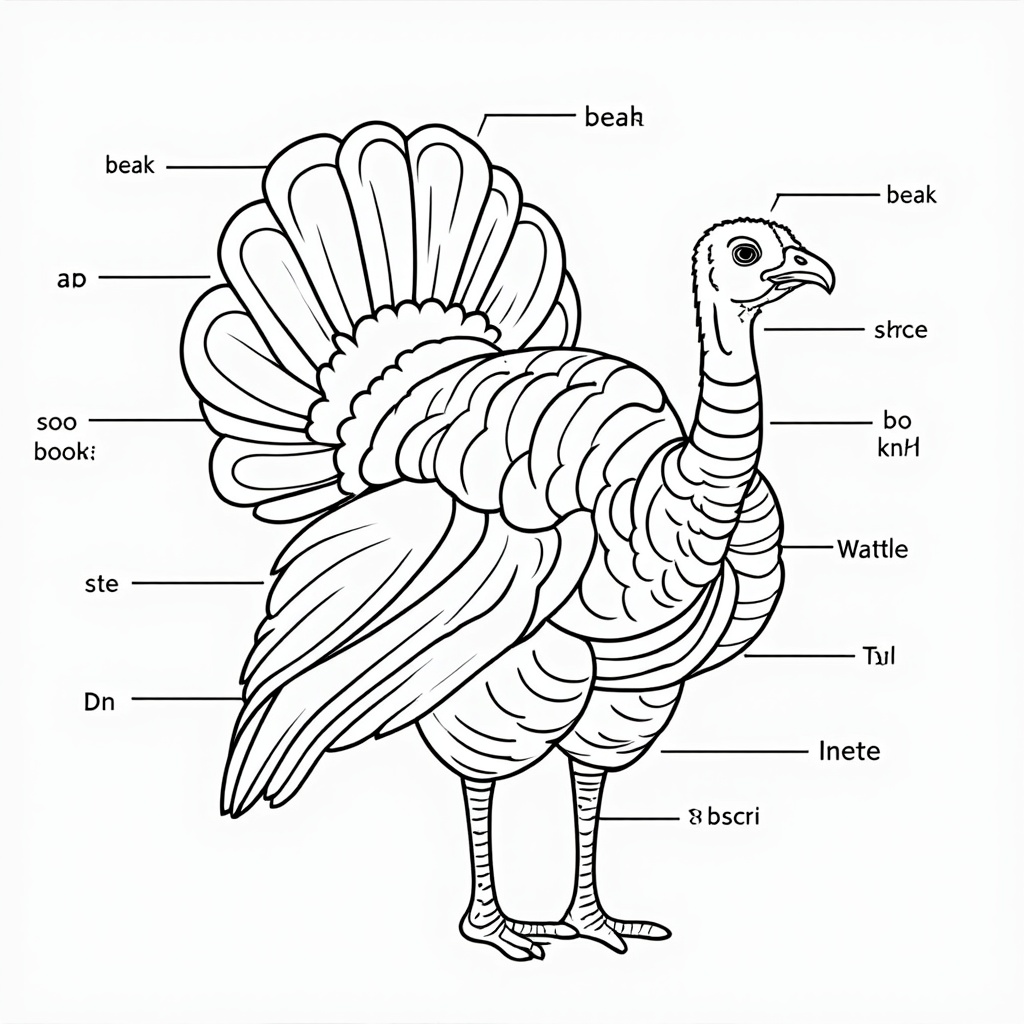 Turkey guide drawing, labeling each part for educational purposes, such as 'beak', 'wattle', and 'tail'.