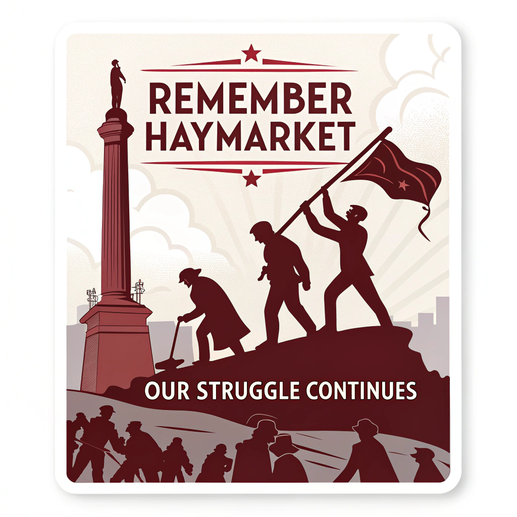 Historical Silhouette Sticker: Features late 19th-century workers protesting with a Haymarket monument silhouette. Text: 'Remember Haymarket - Our Struggle Continues'. Palette: Sepia tones, deep reds, black.