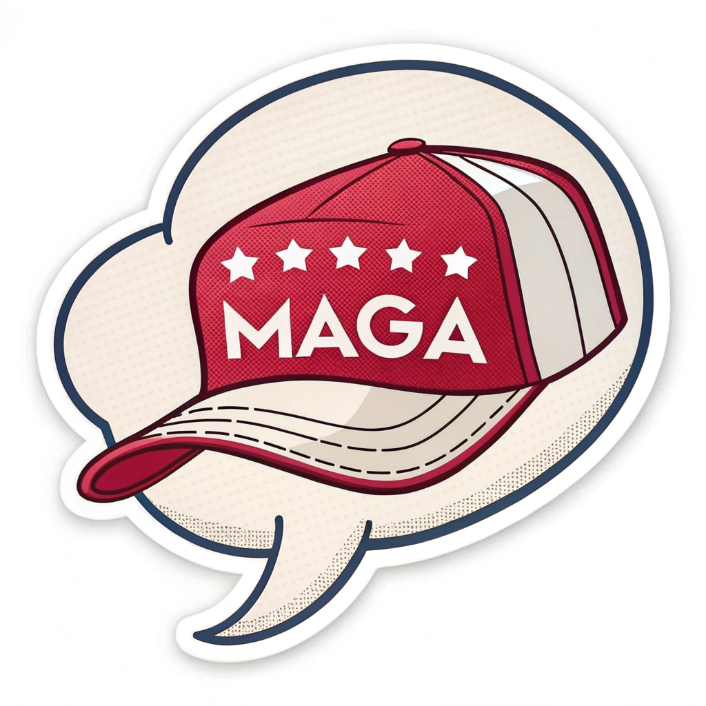 A sticker with a speech bubble coming from the MAGA hat, offering a catchy slogan or one of Trump's memorable phrases.