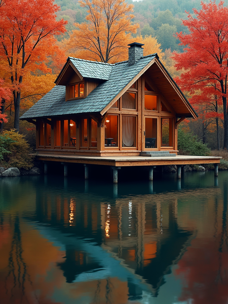 A lake house on stilts reflected in the still water, surrounded by trees exploding in shades of crimson and copper.