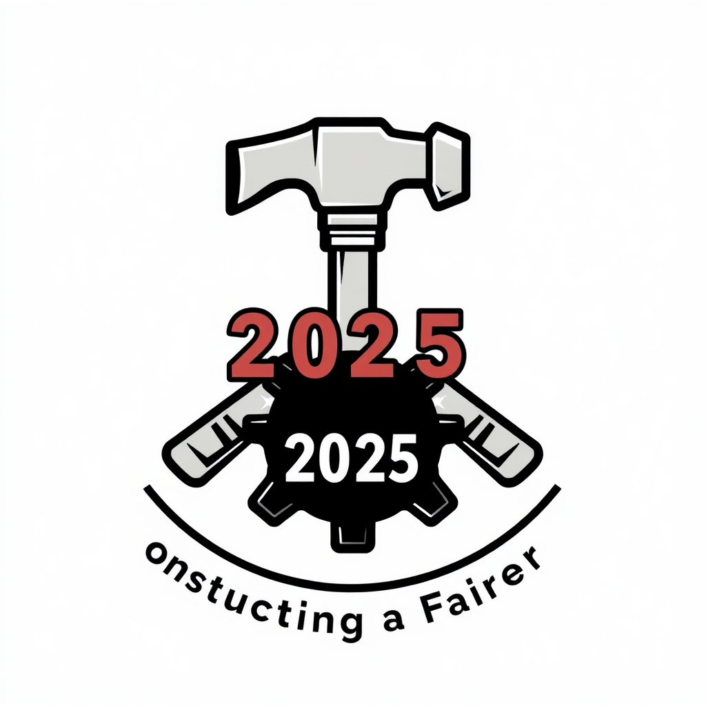 Simple Logo Idea: A strong, iconic emblem featuring an interlocked hammer and gear. The year '2025' is clearly integrated, and 'Constructing a Fairer' acts as a concise, impactful tagline.