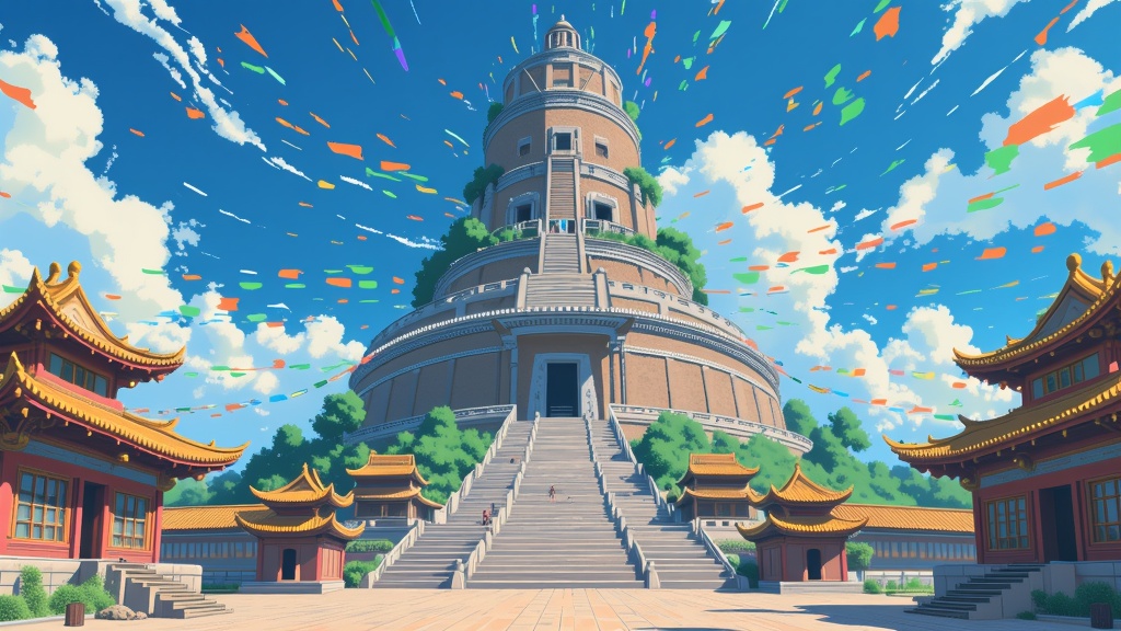 The towering Eastern Air Temple, with its ornate architecture and colorful prayer flags fluttering, illustrating the serene asceticism of Airbender culture.