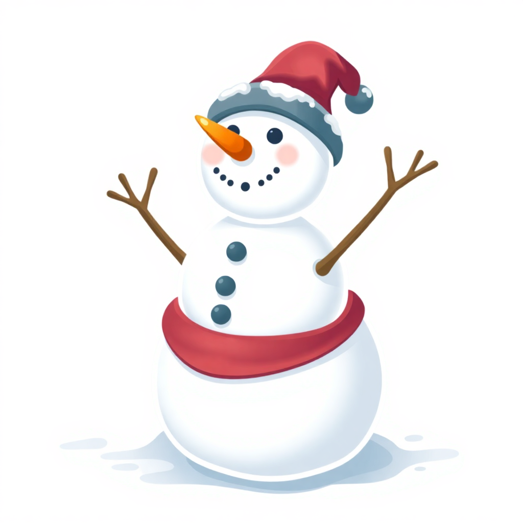 The image shows a snowman wearing a red Santa hat and scarf, standing in the snow against a white background.