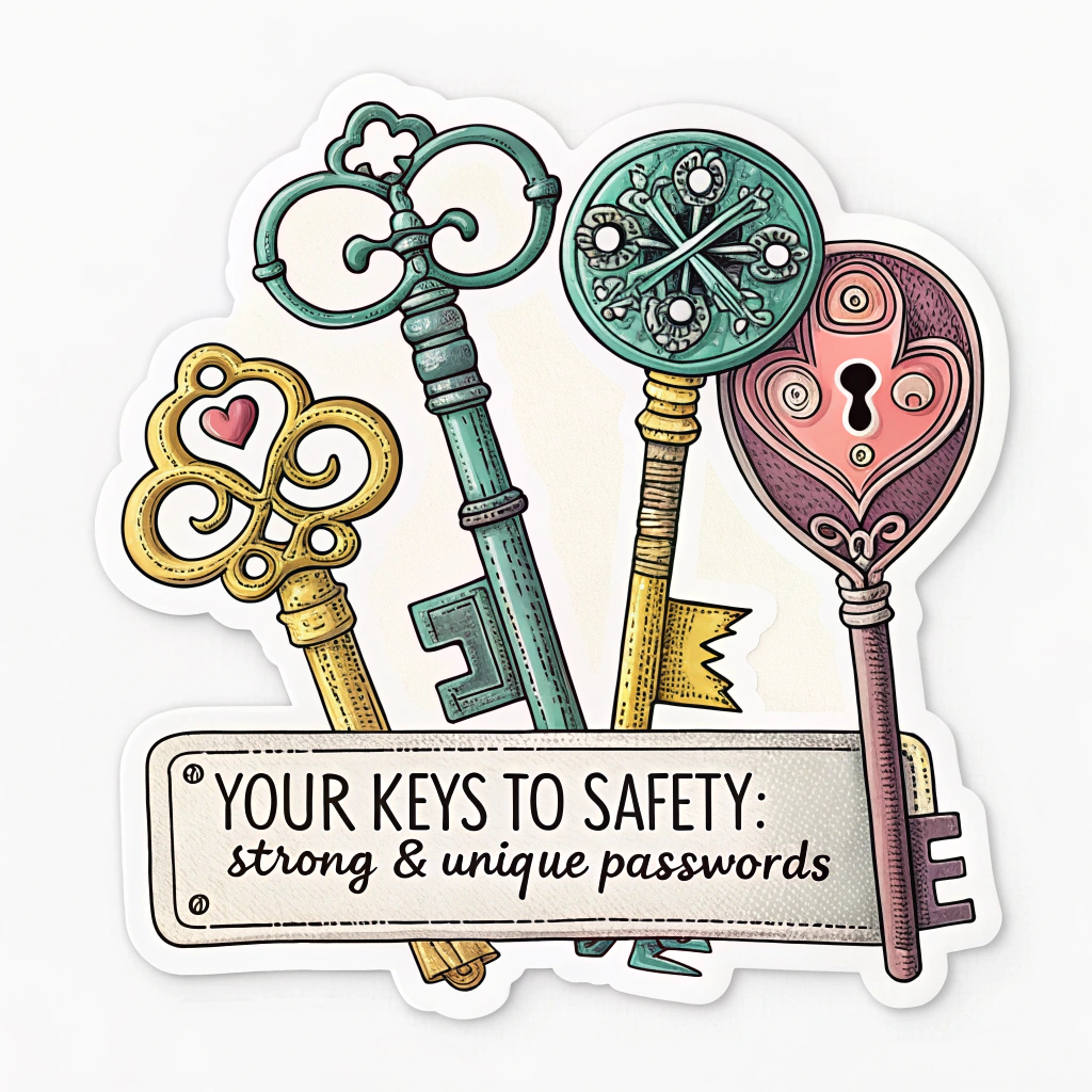 A sticker showcasing a bundle of unique, stylized anique keys, each distinct in shape and design, symbolizing the concept of unique passwords for different accounts. Text: 'Your Keys to Safety: Strong & Unique Passwords'.