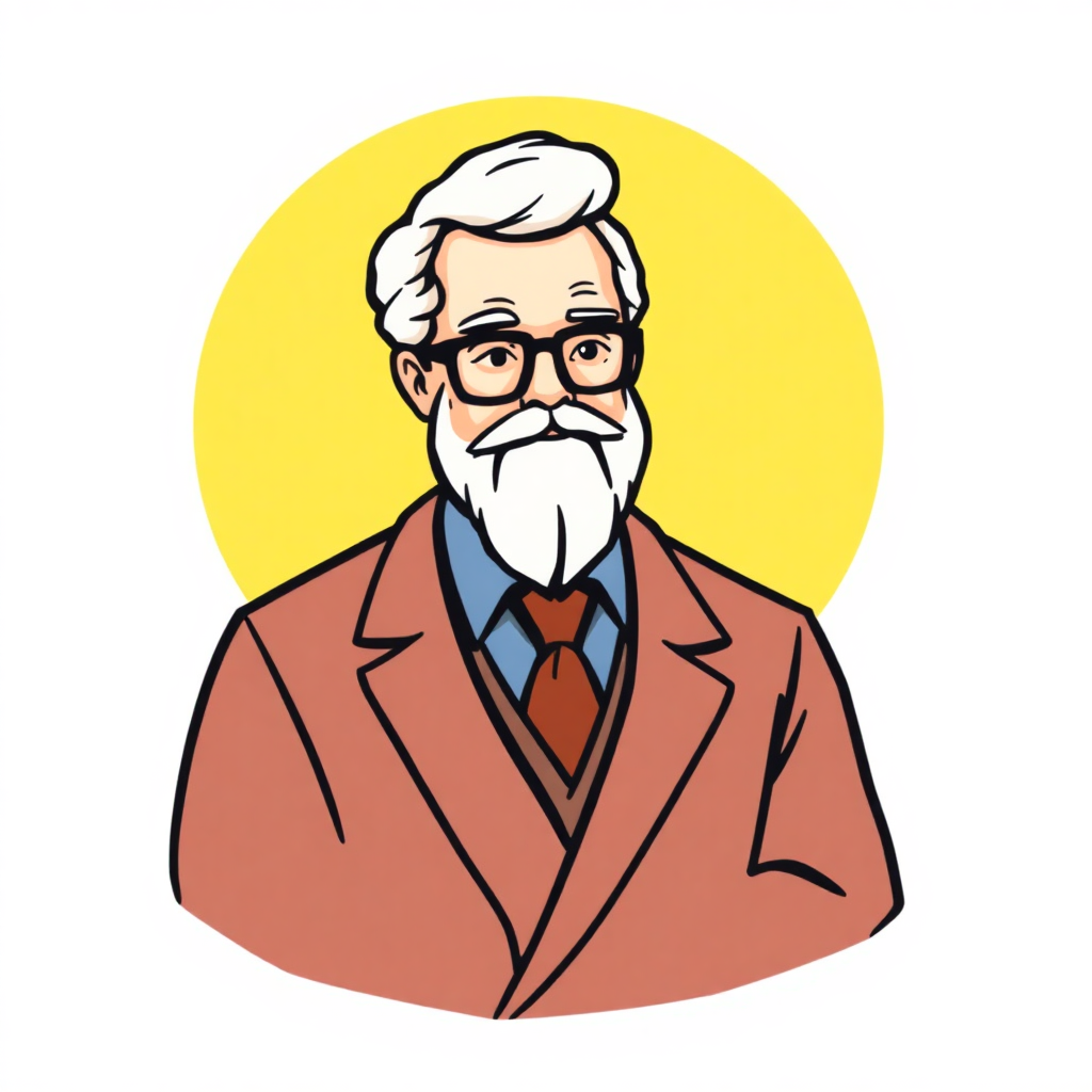 The image is an illustration of an elderly man with a white beard and mustache. He is wearing a red blazer, a blue shirt, and a red tie. He has a pair of glasses on and is looking directly at the viewer with a serious expression. The background is a bright yellow circle. The man appears to be in his late 60s or early 70s.