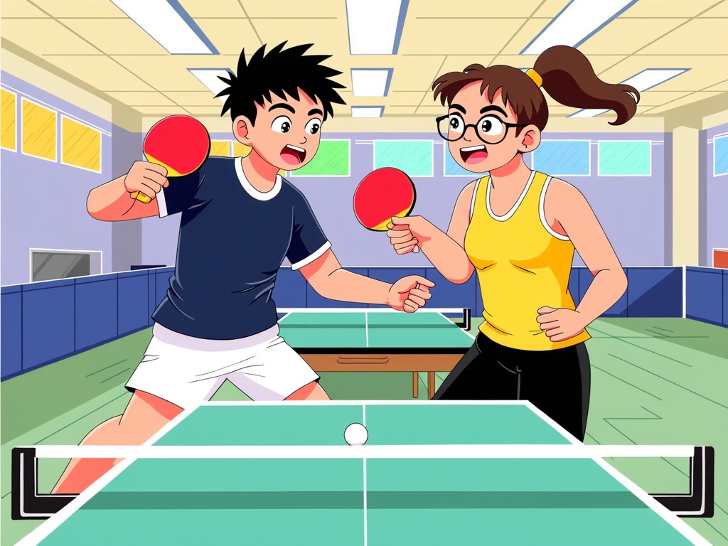  two young people playing table tennis in a large room with blue walls and a green floor. The boy is on the left side of the image, wearing a blue t-shirt and white shorts, and the girl on the right side is wearing a yellow tank top and black shorts. They are both holding red ping pong paddles and are in the middle of a match. The girl is holding a red paddle and appears to be in the process of hitting the ball. The table tennis net is visible in the foreground, and there is a white ping-pong ball on the net. The room has a high ceiling with recessed lighting and large windows in the background.