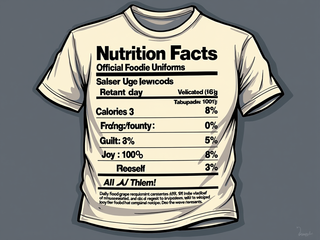 Sub Design Idea 3 (Nutrition Label Parody): A design mimicking a nutrition facts label. Header: 'International No Diet Day - Official Foodie Uniform'. Facts: 'Calories: Don't Count', 'Guilt: 0%', 'Joy: 100%', 'Daily Food Group Requirement: All of Them!'