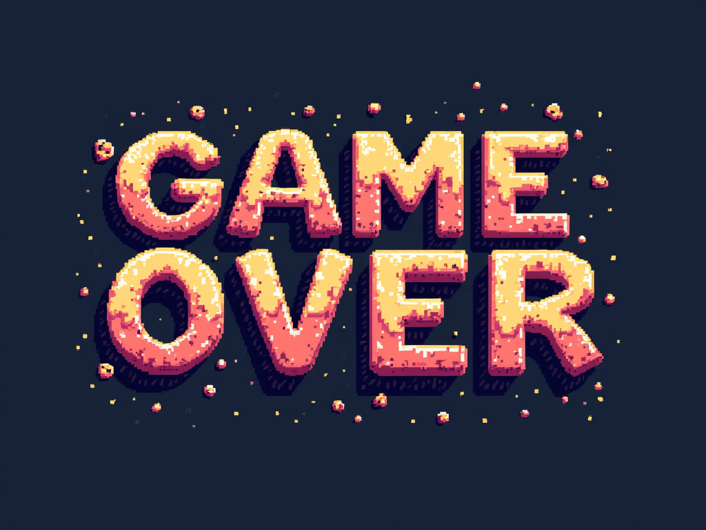 Pixel & Polygon Prints T-Shirt: A design featuring a classic 'GAME OVER' screen done in a pixel art style, but with the letters 'GAME OVER' subtly constructed from or breaking into simple, flat-shaded polygons, implying a transition or glitch between 2D and 3D eras.