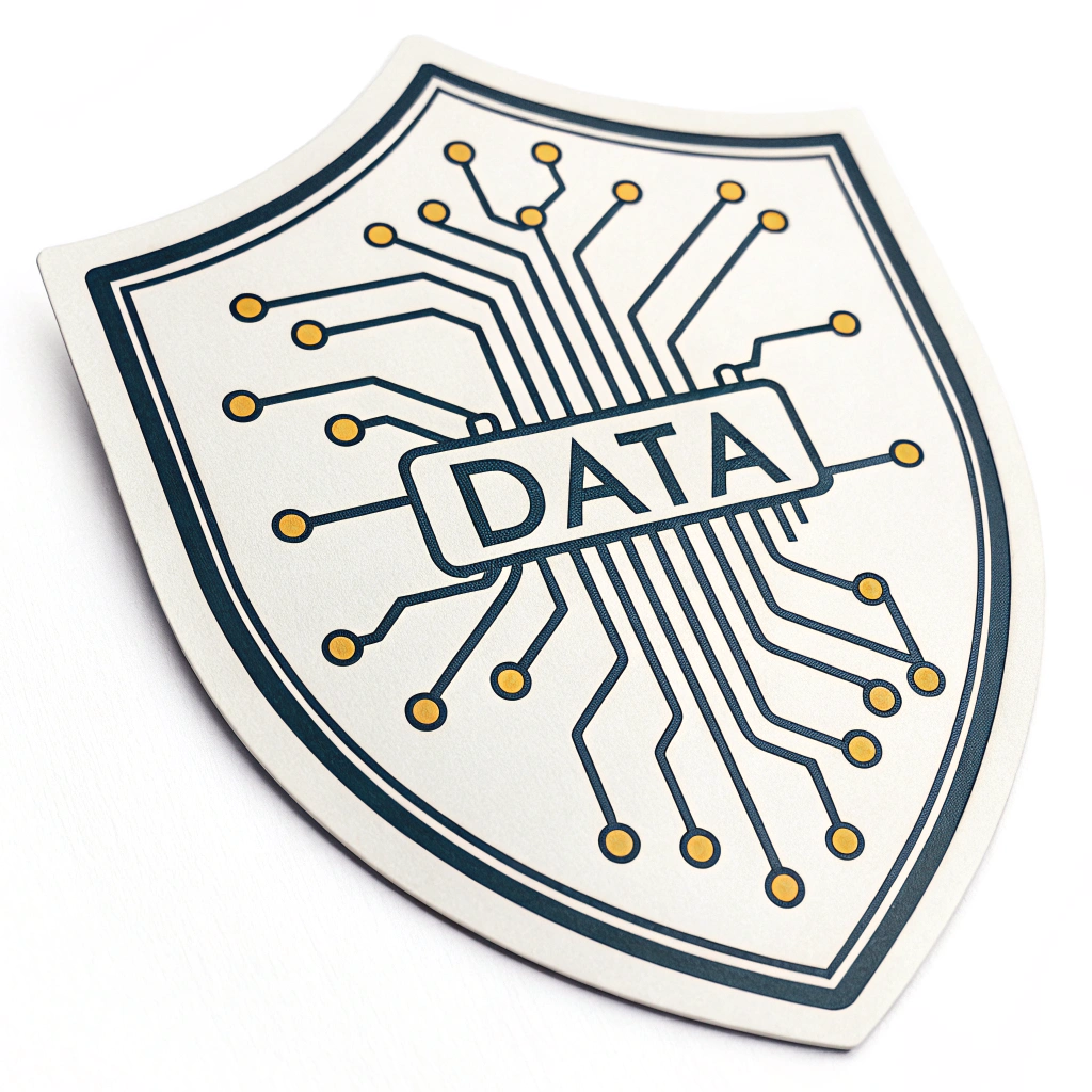 Data Weave Shield: Interwoven strands representing 'data' (depicted as light-streaked circuit lines) that form the shape of a shield. Small, glowing nodes at the intersections of these strands signify encryption points, reinforcing the protective weave.