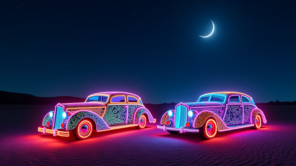 T-Shirt Design Idea 3: Night Glow Menagerie. Captures art cars' nocturnal magic with vivid neon colors, LED patterns, and potential fire effects glowing intensely against a dark desert night sky.