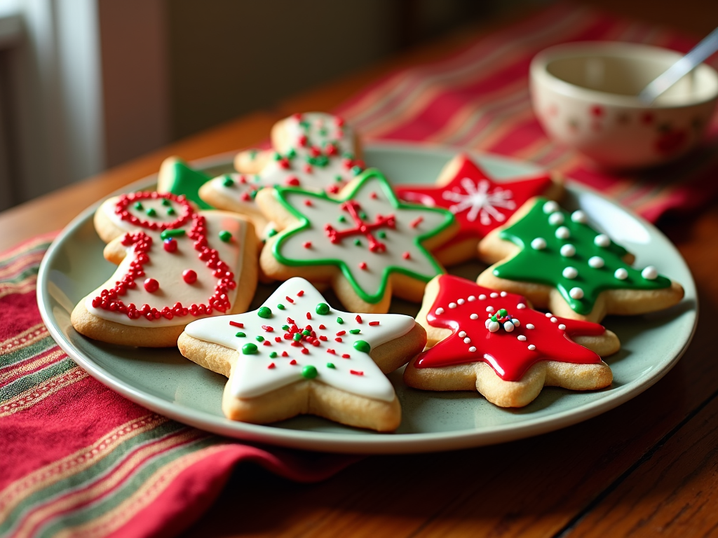  a plate of decorated Christmas cookies on a wooden table. The cookies are in the shape of stars and are decorated with red and green icing and sprinkles. There are six cookies in total, arranged in a circular pattern on the plate. The plate is white and there is a small bowl with a spoon in it on the table next to it. The table is covered with a red and white striped tablecloth. The background is blurred, but it appears to be a kitchen or dining area.