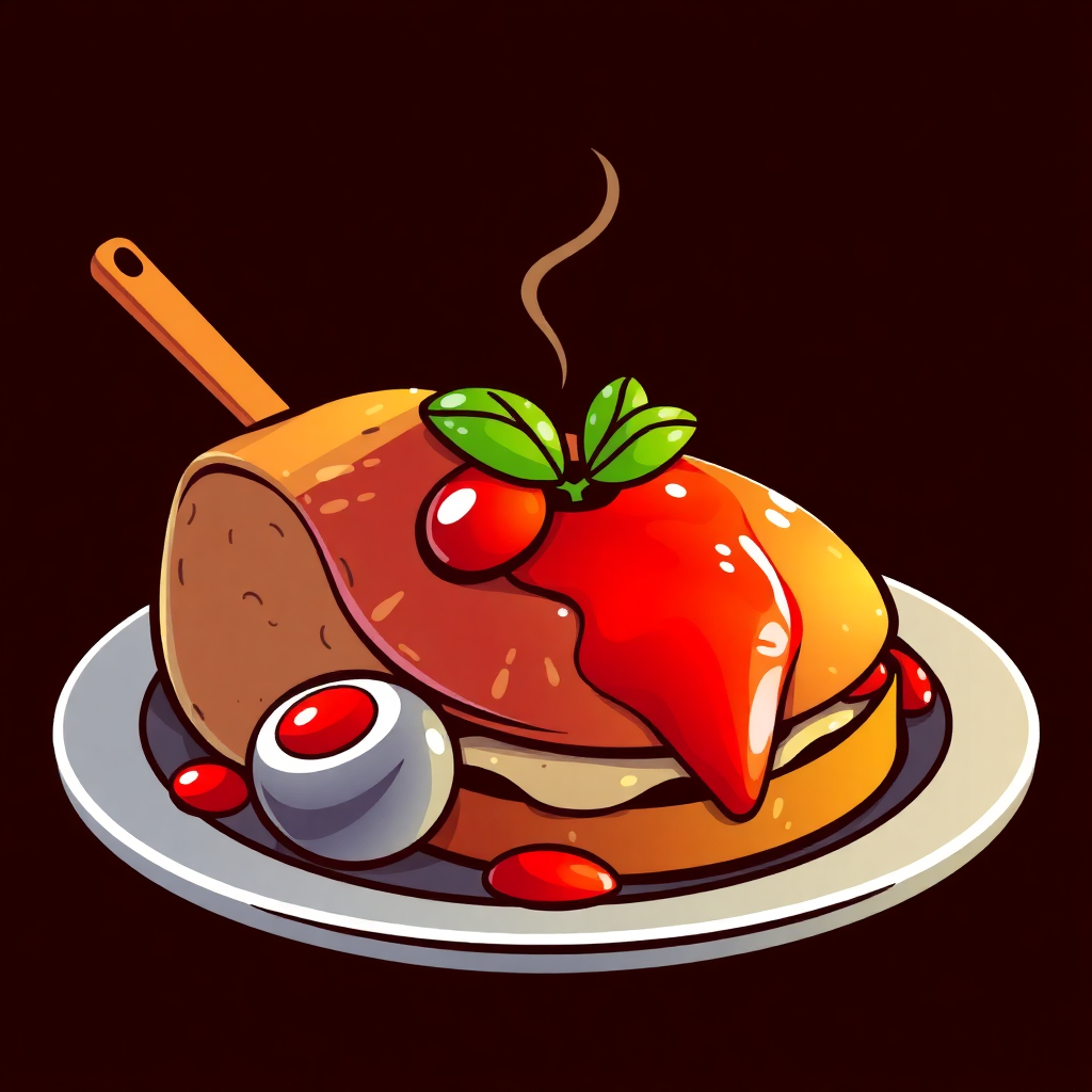 The image shows a plate with a delicious-looking pancake topped with cherries and a spoon. The plate is animated, giving the impression that the pancake is freshly cooked and ready to be enjoyed.