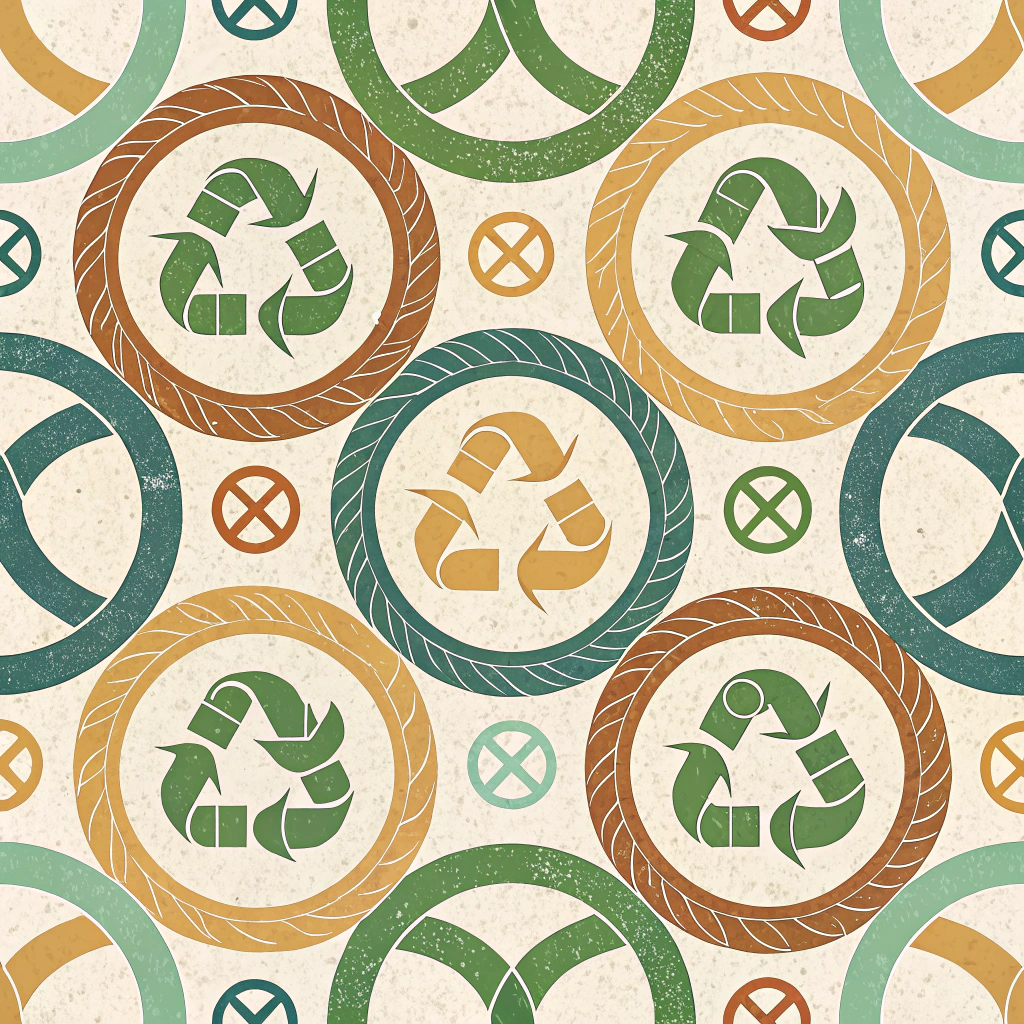 Interconnected Loops Pattern: A design featuring a series of overlapping and intertwining circles or Mobius strips in earthy or recycled-material-inspired tones, symbolizing the continuous flow of resources, products, and materials within a closed-loop system.