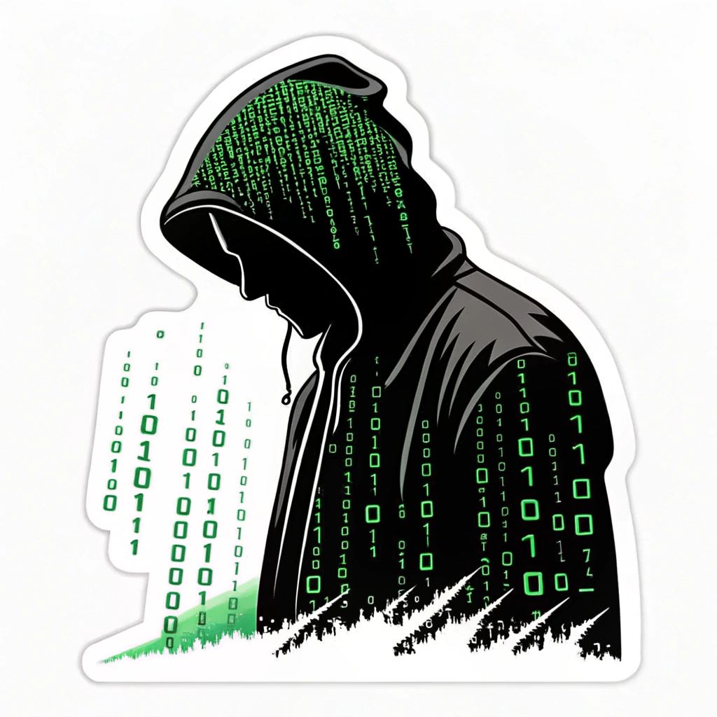 Anonymous Silhouette Code Stream: A black background with a silhouette of a hooded figure. Green binary code flows like 'digital rain' over it, with glitched characters (flickering, oversized) and distorted silhouette edges.