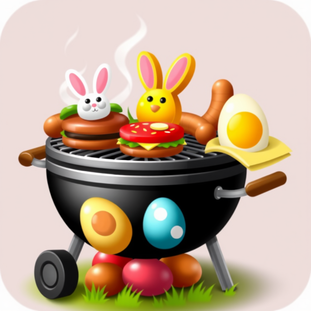 An icon featuring a barbecue grill with Easter-themed food items, like bunny-shaped burgers or egg-shaped sausages.