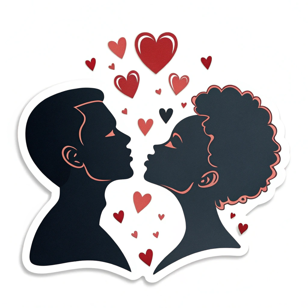 A sticker showing two silhouetted faces leaning in for a kiss, with a scattering of small hearts around them.