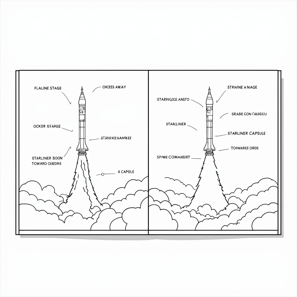 Design a split-view page: one panel shows the rocket stage falling away, while the other shows the Starliner capsule beginning its independent flight towards its designated orbit. Label each component.